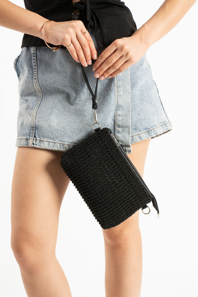 Vizon Triko Dokuma Clutch Portföy Bilek Askılı Kadın Çanta Siyah