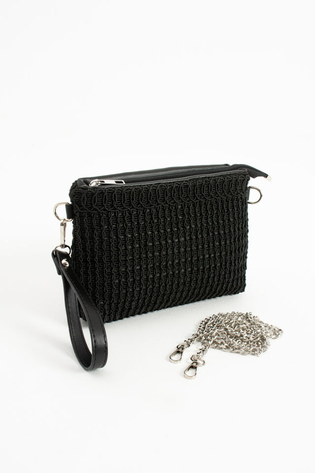 Vizon Triko Dokuma Clutch Portföy Bilek Askılı Kadın Çanta Siyah