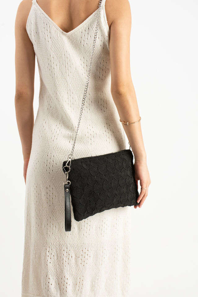 Siyah Tiriko Desen Clutch Çapraz Ve Bilek Askılı Astarlı Portföy Kadın Çantası Siyah