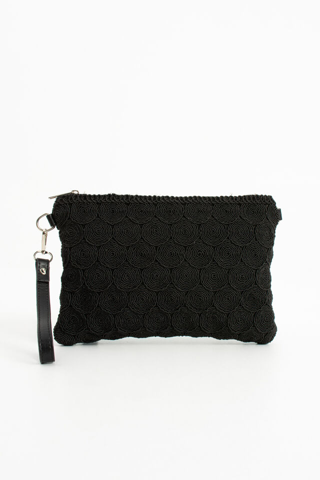 Siyah Tiriko Desen Clutch Çapraz Ve Bilek Askılı Astarlı Portföy Kadın Çantası Siyah