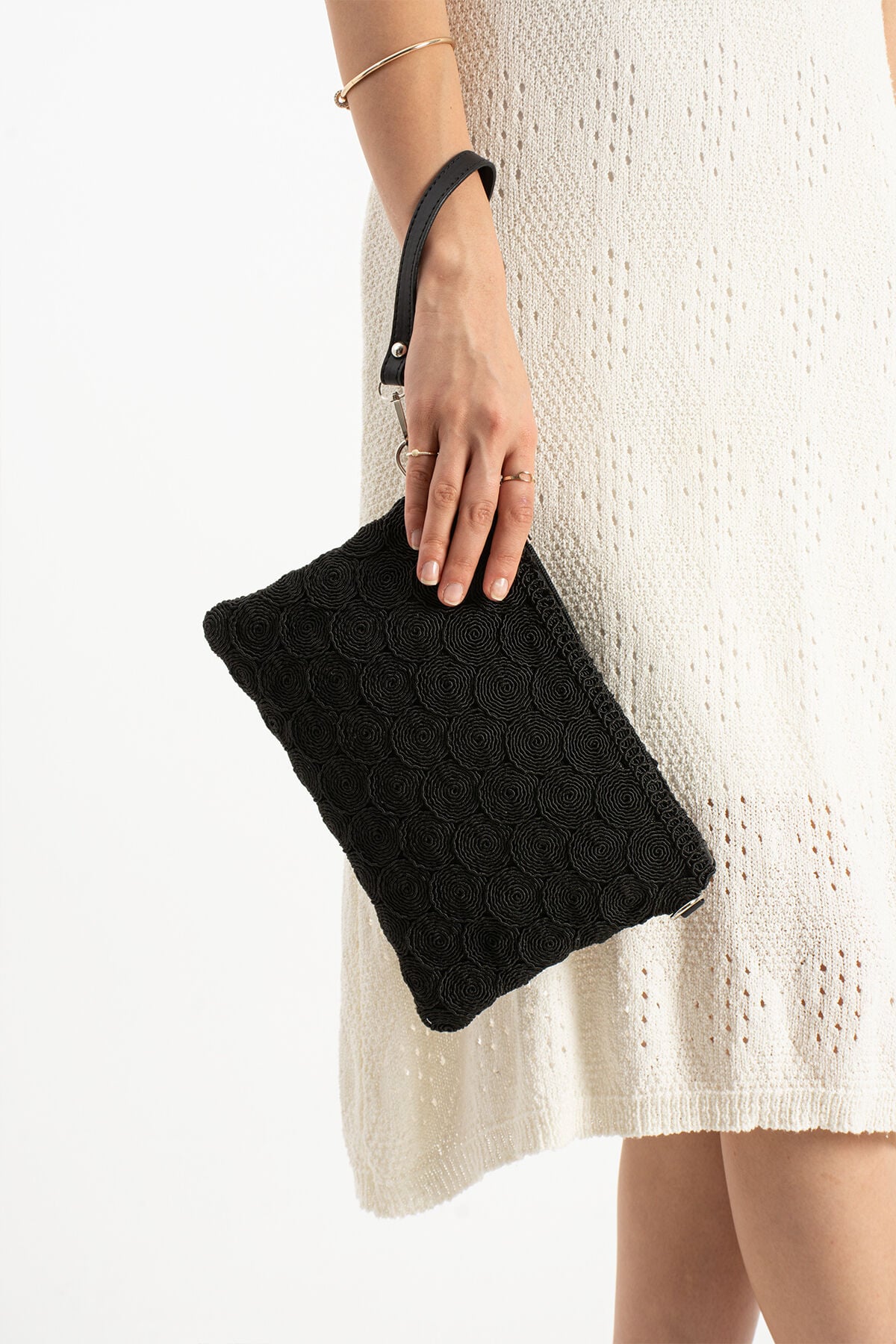 Siyah Tiriko Desen Clutch Çapraz Ve Bilek Askılı Astarlı Portföy Kadın Çantası Siyah