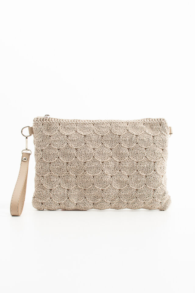 Siyah Tiriko Desen Clutch Çapraz Ve Bilek Askılı Astarlı Portföy Kadın Çantası Açık Vizon