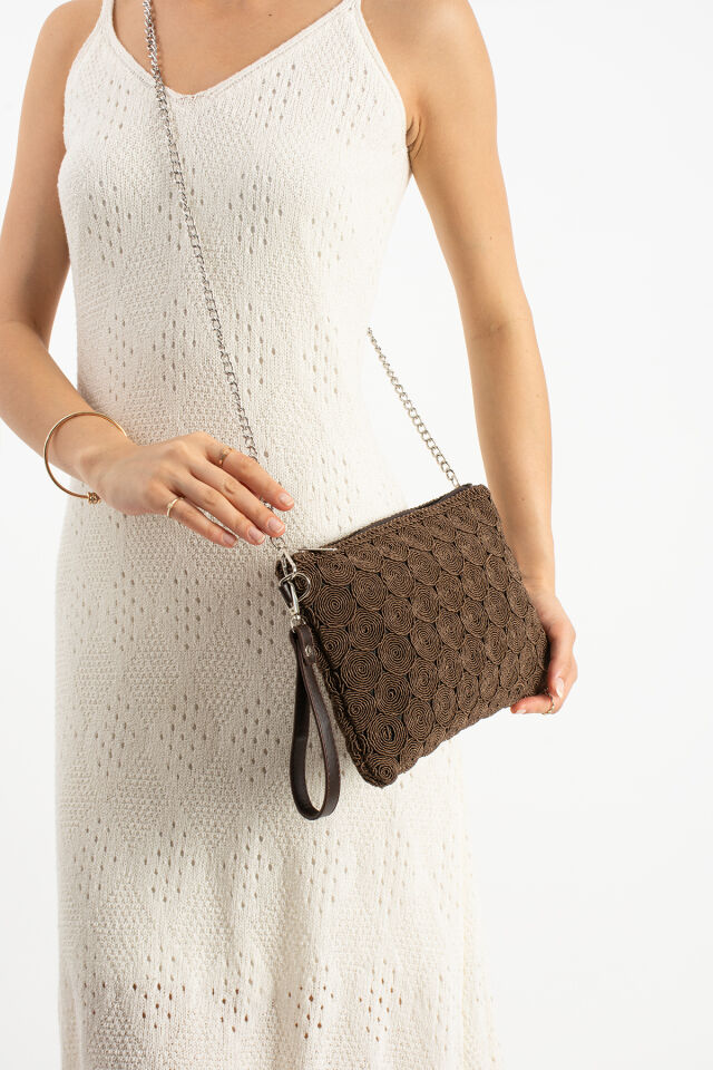 Siyah Tiriko Desen Clutch Çapraz Ve Bilek Askılı Astarlı Portföy Kadın Çantası Kahverengi