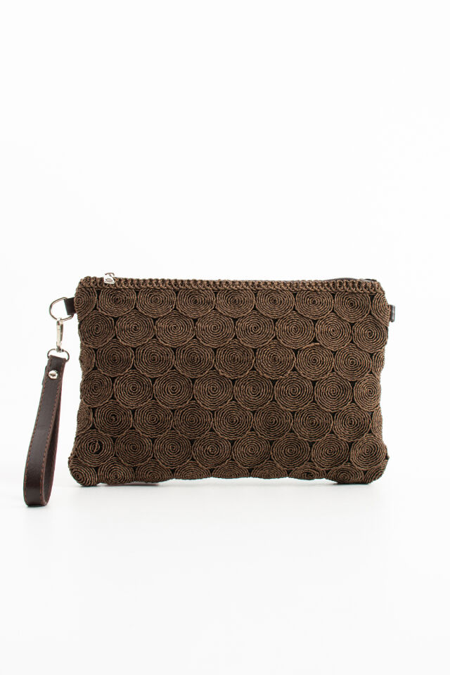 Siyah Tiriko Desen Clutch Çapraz Ve Bilek Askılı Astarlı Portföy Kadın Çantası Kahverengi