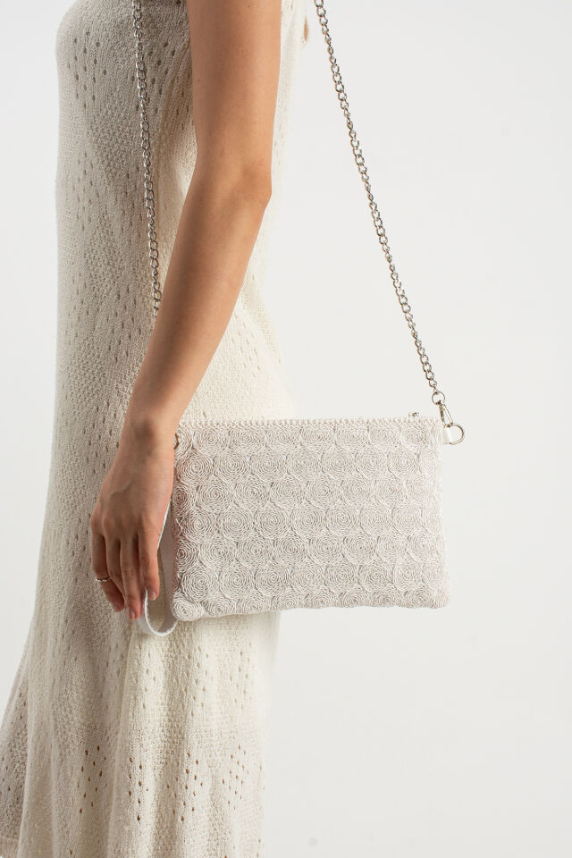 Siyah Tiriko Desen Clutch Çapraz Ve Bilek Askılı Astarlı Portföy Kadın Çantası Beyaz