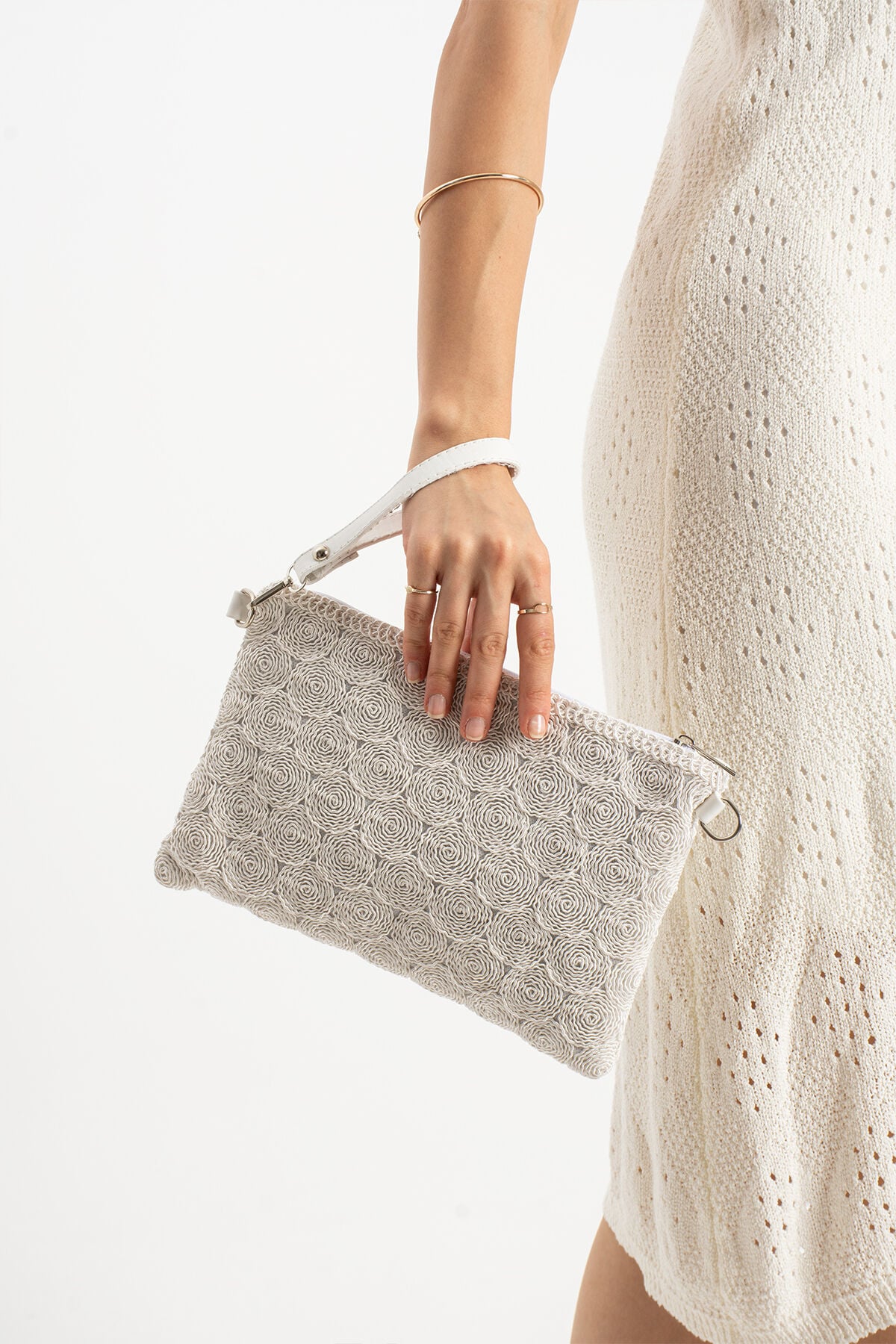 Siyah Tiriko Desen Clutch Çapraz Ve Bilek Askılı Astarlı Portföy Kadın Çantası Beyaz