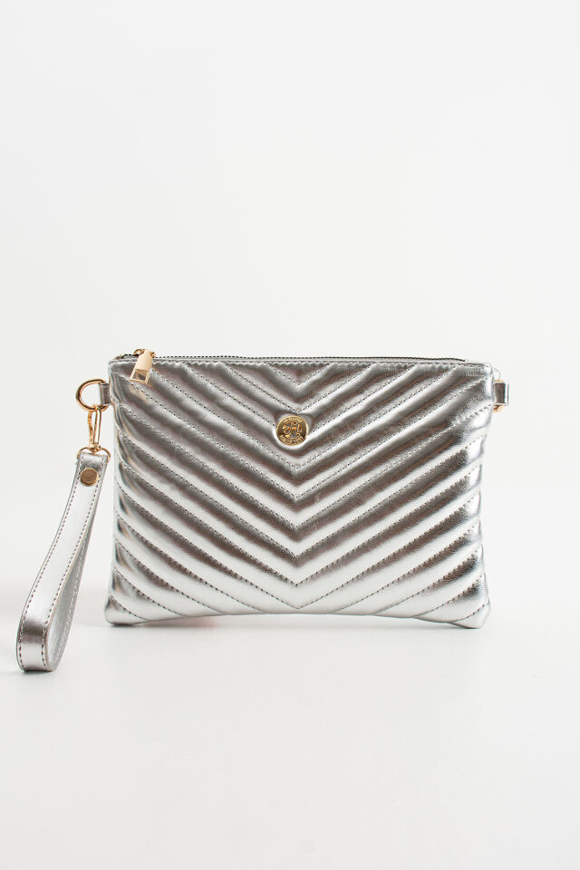 Gümüş Kadın Suni Deri Dikişli Ayarlanabilir Çapraz Ve El Askılı Portföy, Clutch Çanta Gümüş