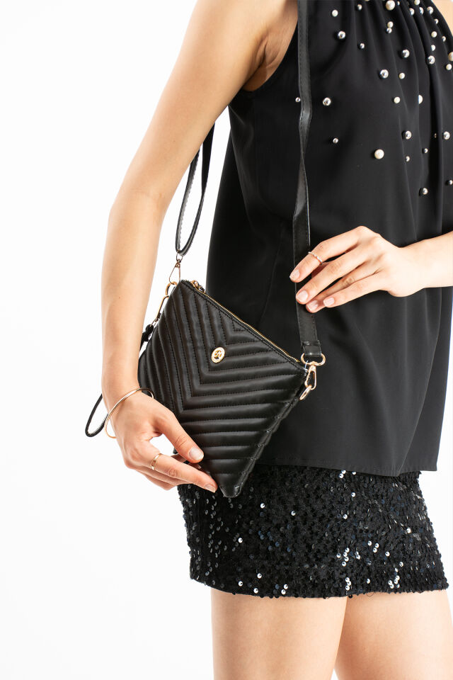 Gümüş Kadın Suni Deri Dikişli Ayarlanabilir Çapraz Ve El Askılı Portföy, Clutch Çanta Siyah
