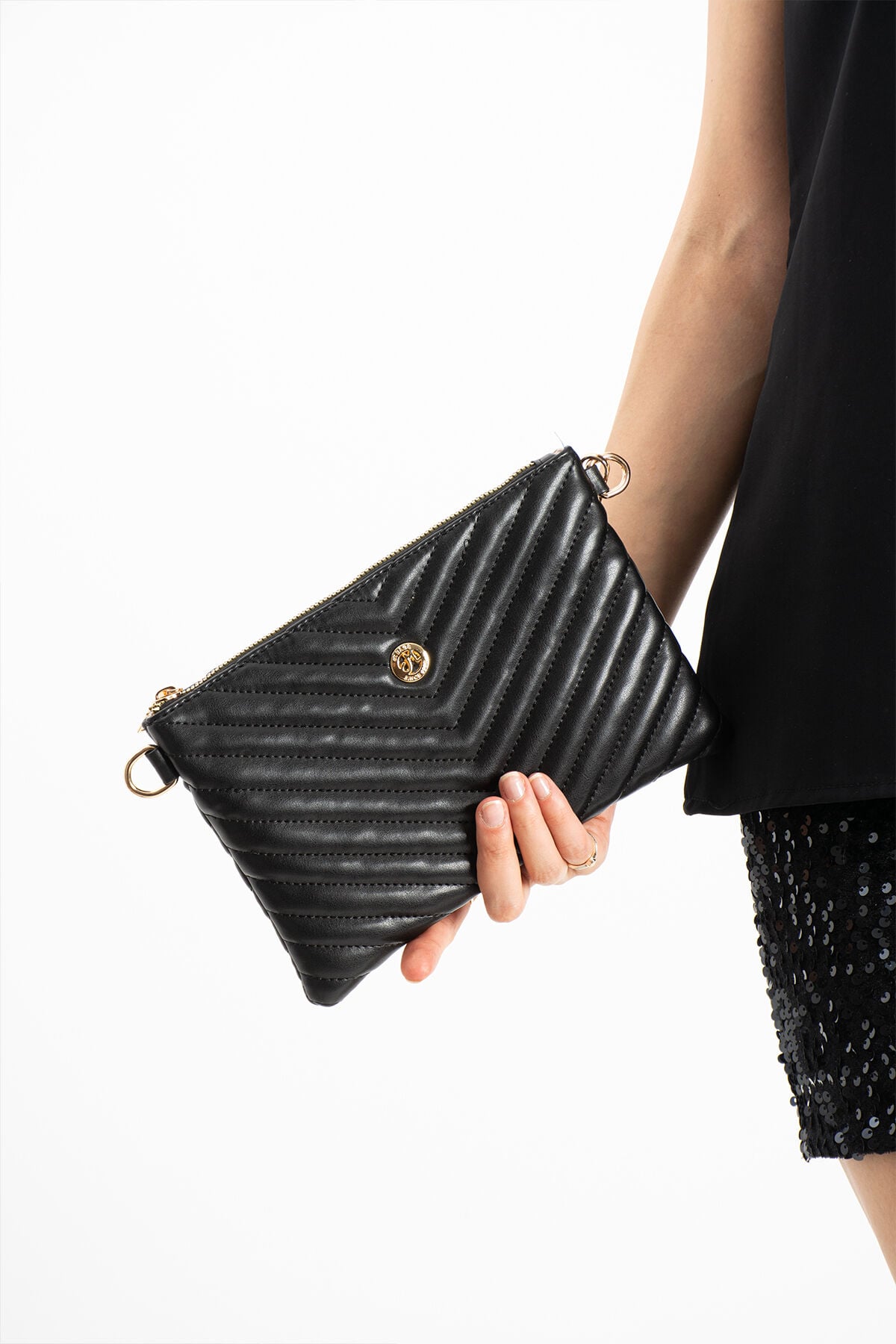Gümüş Kadın Suni Deri Dikişli Ayarlanabilir Çapraz Ve El Askılı Portföy, Clutch Çanta Siyah