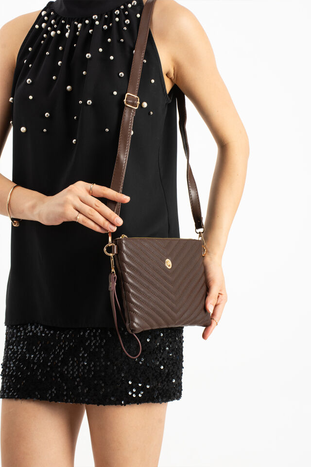 Gümüş Kadın Suni Deri Dikişli Ayarlanabilir Çapraz Ve El Askılı Portföy, Clutch Çanta Kahverengi