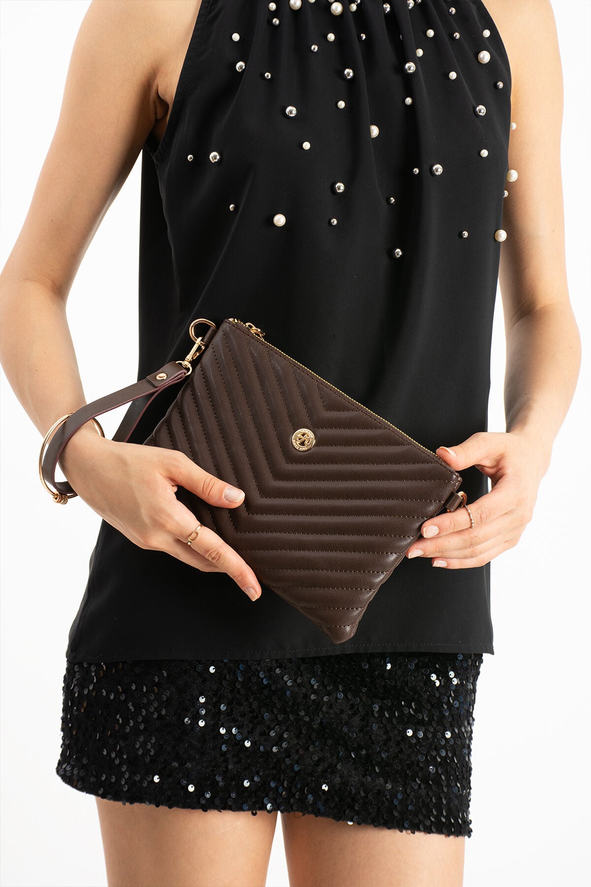 Gümüş Kadın Suni Deri Dikişli Ayarlanabilir Çapraz Ve El Askılı Portföy, Clutch Çanta Kahverengi