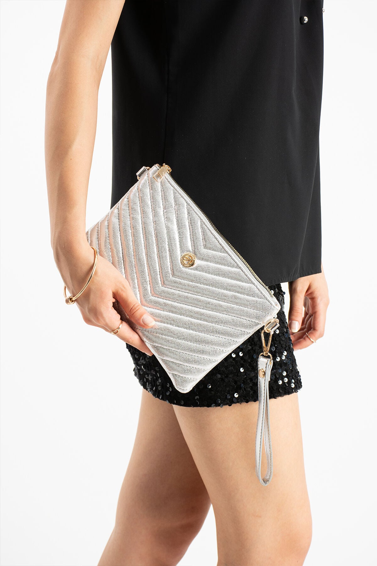 Gümüş Kadın Suni Deri Dikişli Ayarlanabilir Çapraz Ve El Askılı Portföy, Clutch Çanta Gümüş Simli