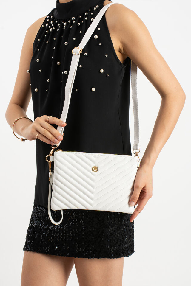 Gümüş Kadın Suni Deri Dikişli Ayarlanabilir Çapraz Ve El Askılı Portföy, Clutch Çanta Beyaz