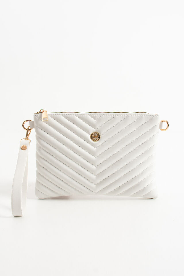 Gümüş Kadın Suni Deri Dikişli Ayarlanabilir Çapraz Ve El Askılı Portföy, Clutch Çanta Beyaz