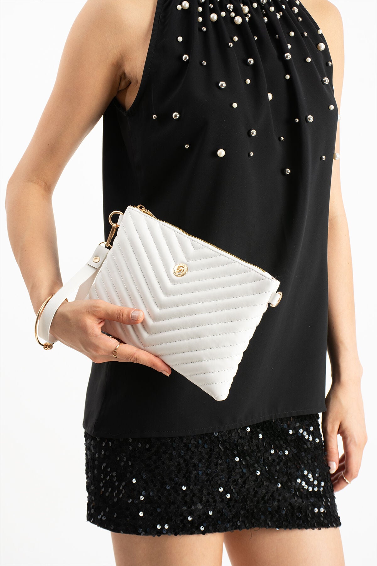 Gümüş Kadın Suni Deri Dikişli Ayarlanabilir Çapraz Ve El Askılı Portföy, Clutch Çanta Beyaz