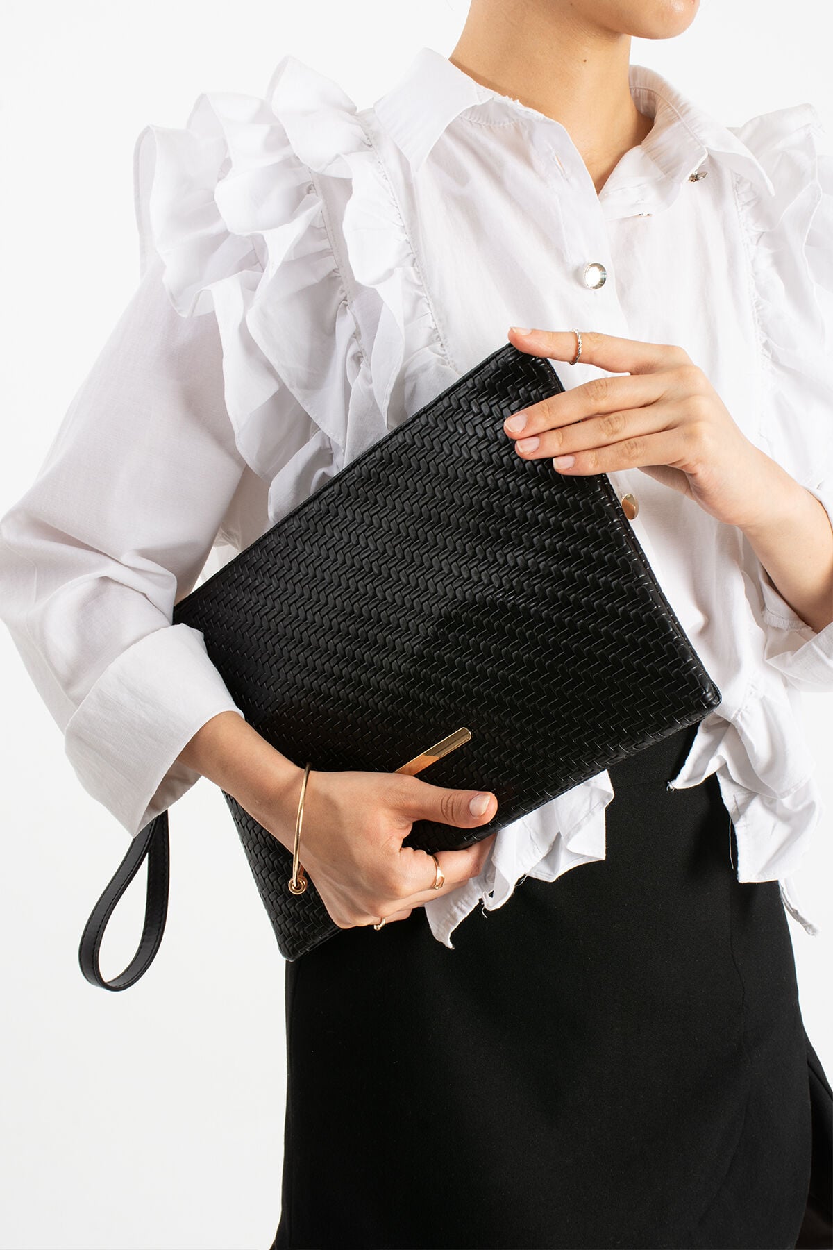 Siyah Örgülü Kadın Suni Deri Bilek Askılı Tablet Boy Clutch Çanta Siyah Örgülü