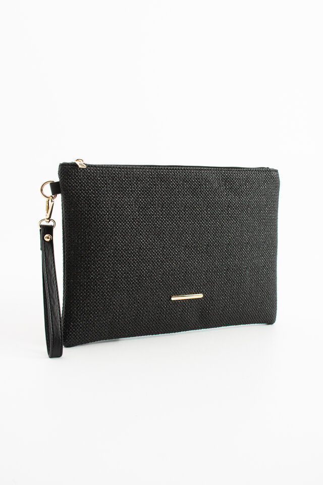Siyah Örgülü Kadın Suni Deri Bilek Askılı Tablet Boy Clutch Çanta Siyah Keten