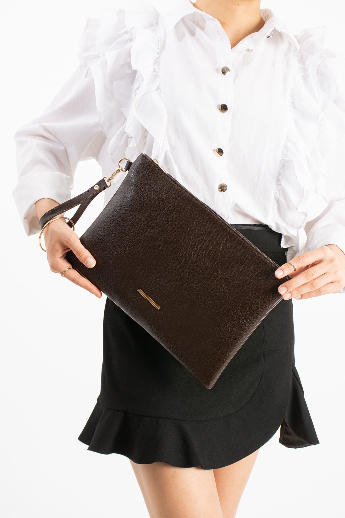 Siyah Örgülü Kadın Suni Deri Bilek Askılı Tablet Boy Clutch Çanta Kahverengi