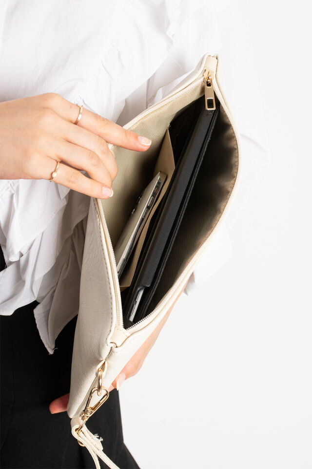 Siyah Örgülü Kadın Suni Deri Bilek Askılı Tablet Boy Clutch Çanta Krem