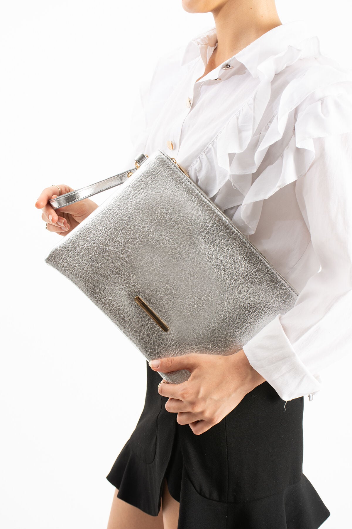 Siyah Örgülü Kadın Suni Deri Bilek Askılı Tablet Boy Clutch Çanta Gümüş