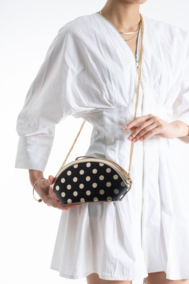 Siyah Altın Puantiyeli Clutch Portföy Kadın El Çantası Omuz Çantası Çapraz Çanta Siyah Altın