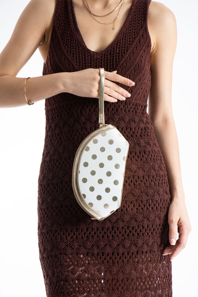 Siyah Altın Puantiyeli Clutch Portföy Kadın El Çantası Omuz Çantası Çapraz Çanta Beyaz Altın