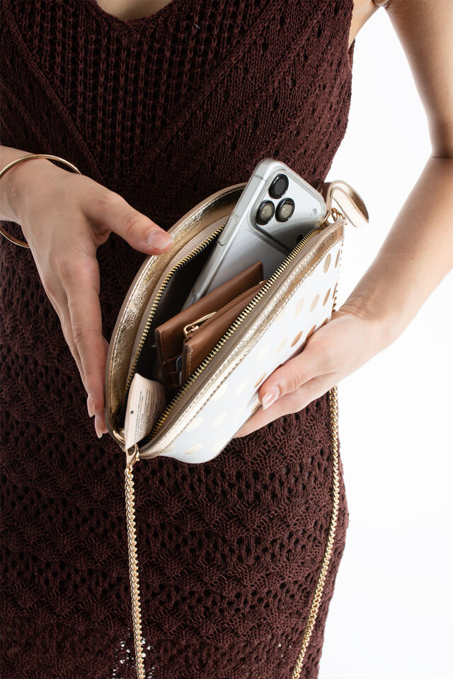 Siyah Altın Puantiyeli Clutch Portföy Kadın El Çantası Omuz Çantası Çapraz Çanta Beyaz Altın