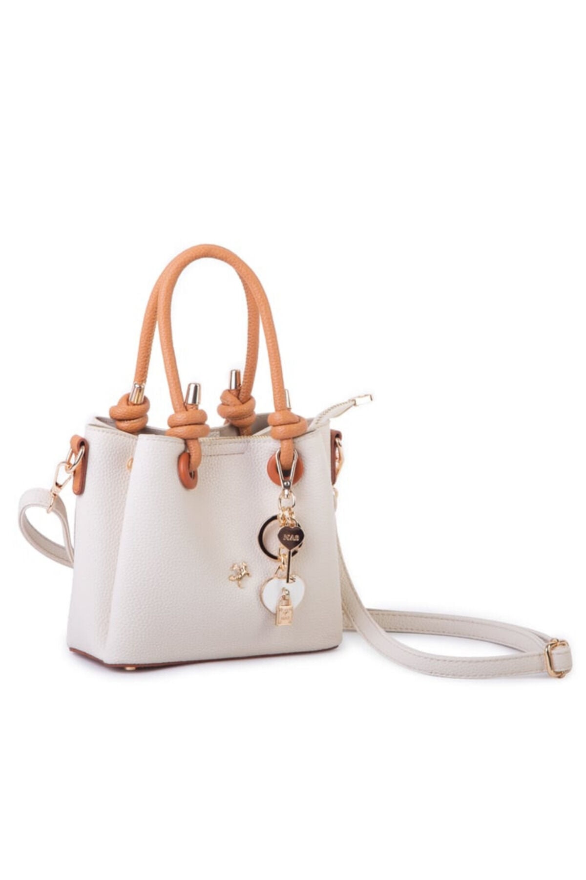 Nasbag Taba Kadın Charmlı Mini El ve Çapraz Çanta Krem Taba