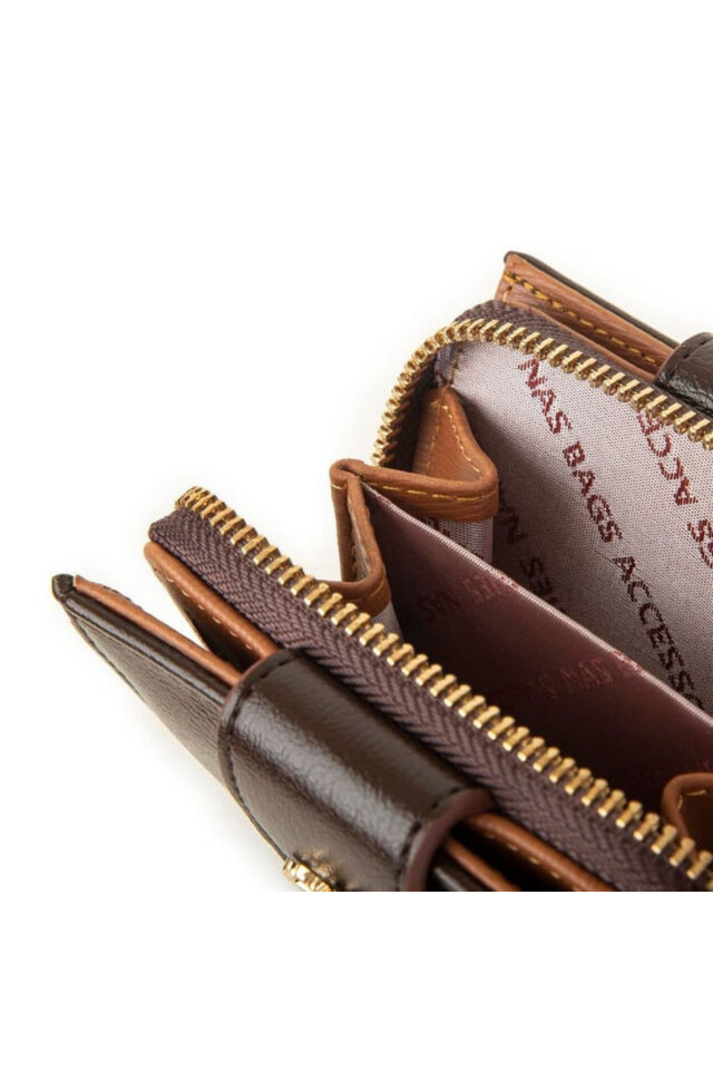 Nasbag Gri Siyah Kadın Çift Kapaklı Mini Cüzdan Kahverengi Taba